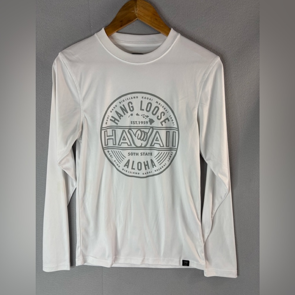 Hawaiian Hang Loose Aloha S White Long Sleeve Nylon Graphic State Top